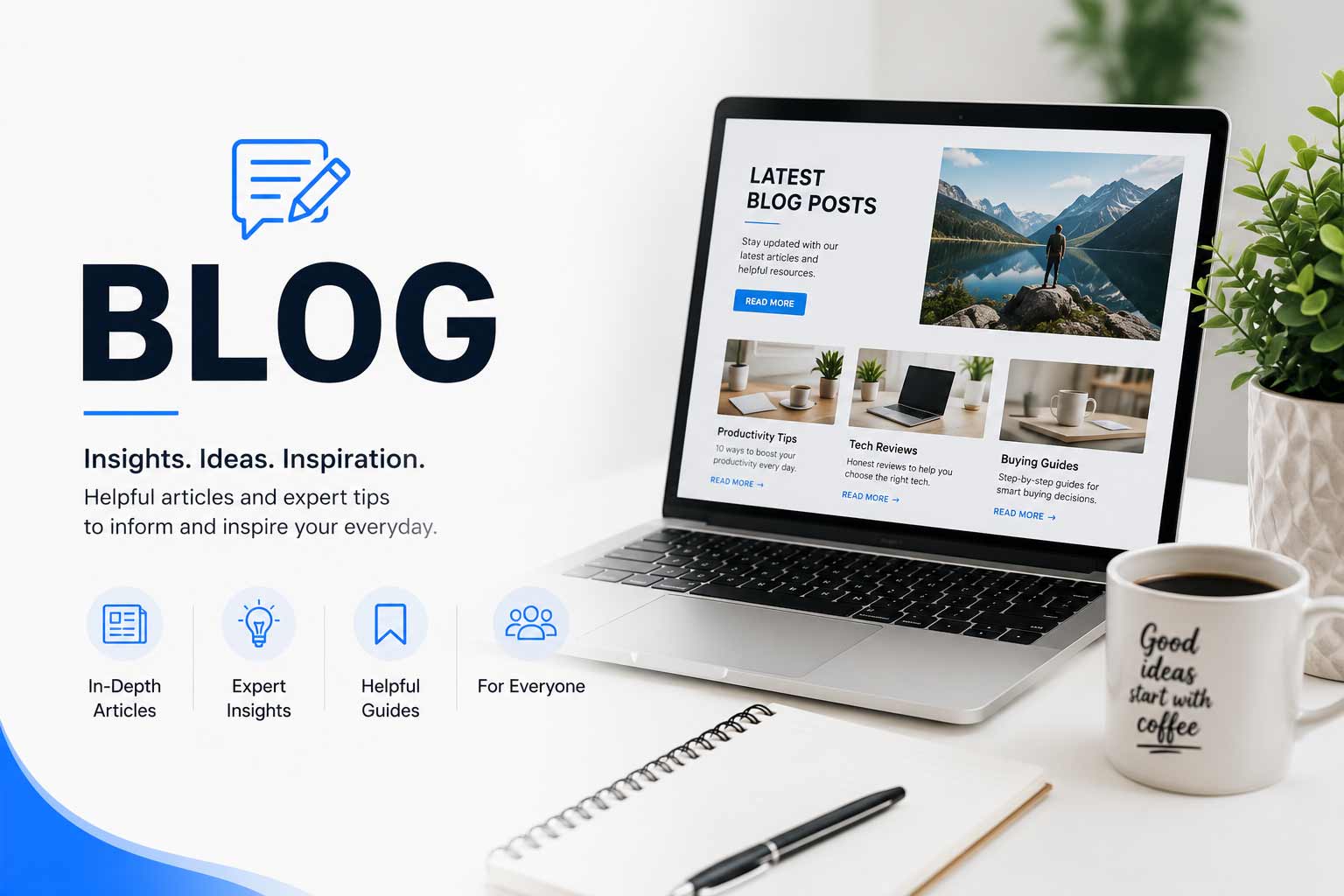 All guides: a laptop showing the latest blog posts next to a coffee mug