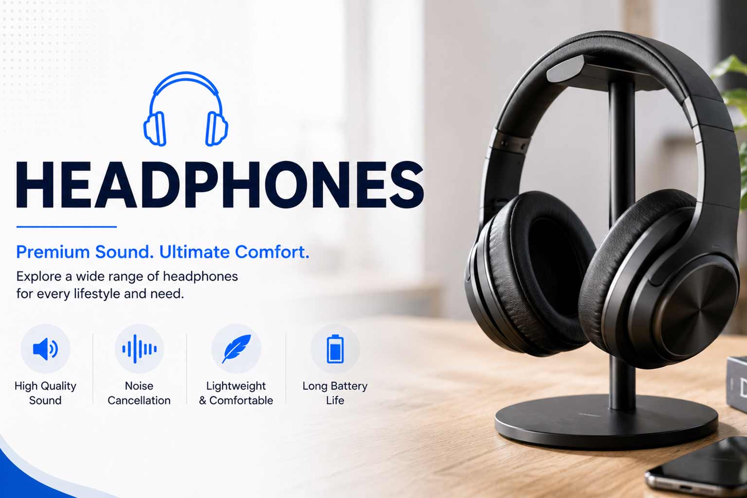 Headphones category: black over-ear headphones on a stand