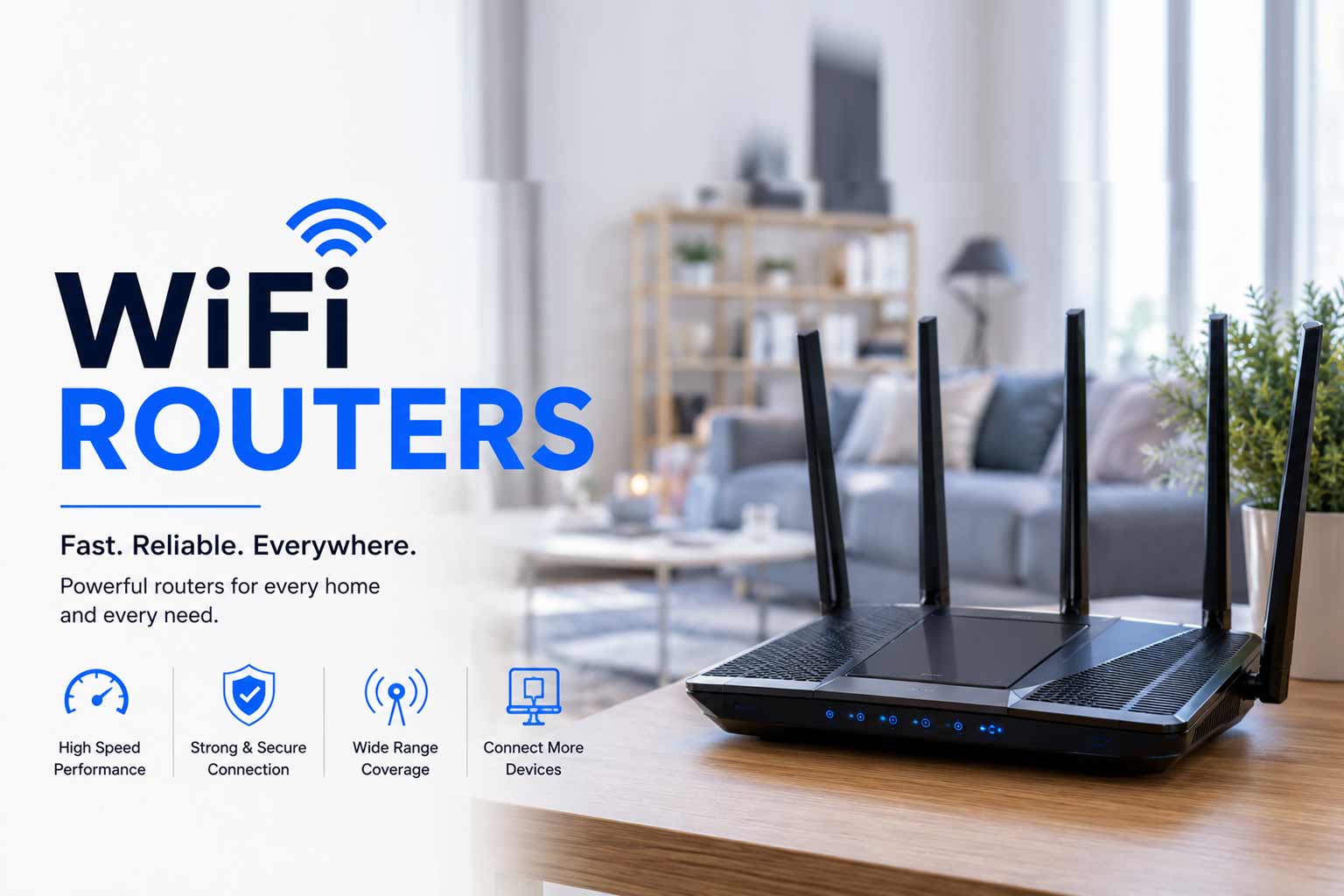 WiFi routers category: a black router with four antennas in a living room