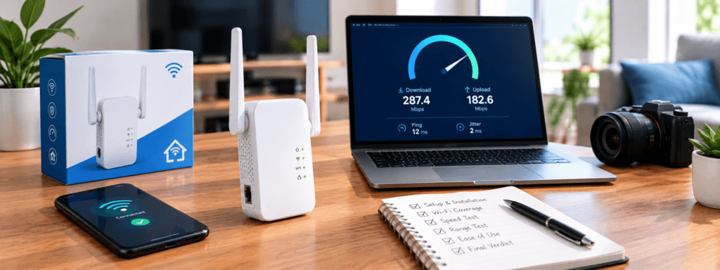 WiFi extender on a desk with its box, a phone, a laptop showing a speed test, and a review checklist
