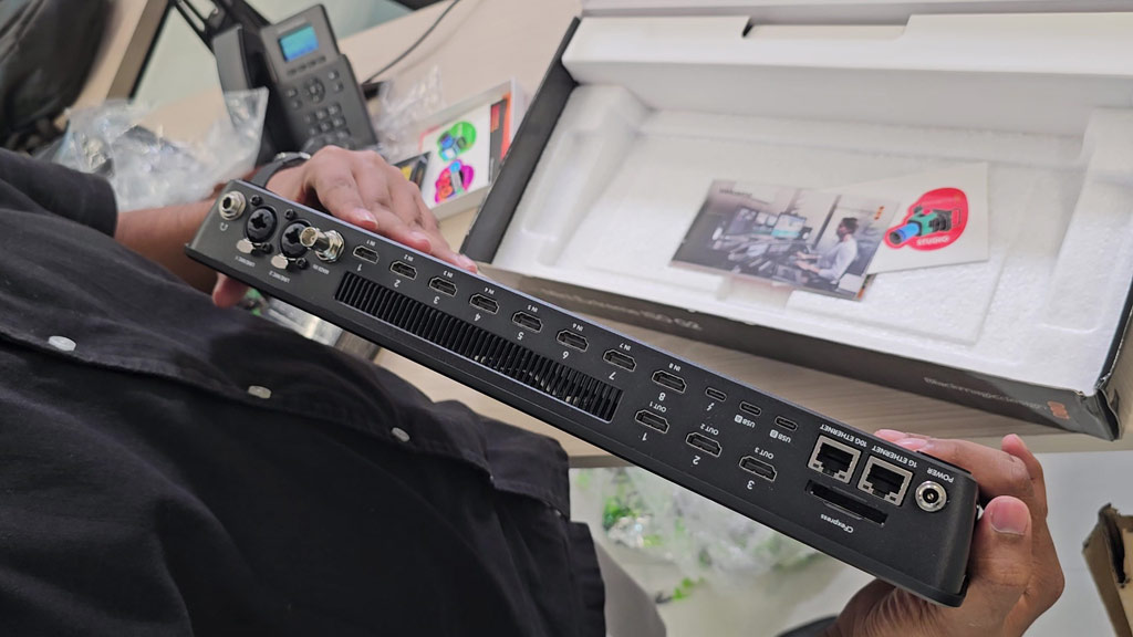 Rear connections of the ATEM Mini Extreme ISO G2: XLR, MADI, HDMI, USB-C, Ethernet and CFexpress slot