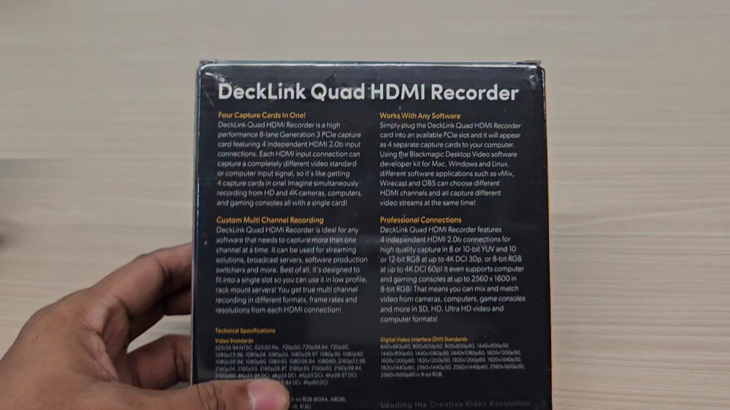 Back of the DeckLink Quad HDMI Recorder box with feature descriptions