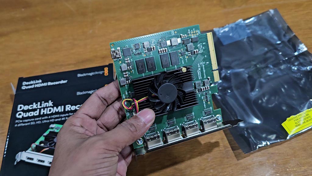 Front of the DeckLink Quad HDMI Recorder showing the heatsink and fan