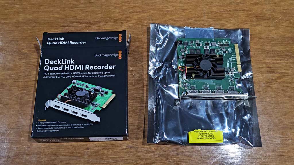 DeckLink Quad HDMI Recorder box and the card in its anti-static bag