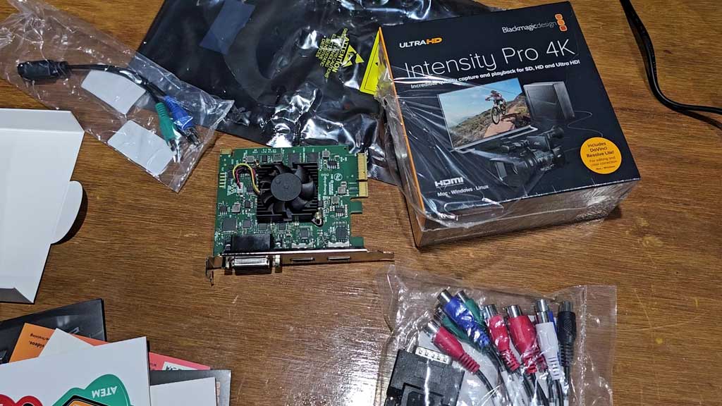 Intensity Pro 4K card, box and breakout cable laid out