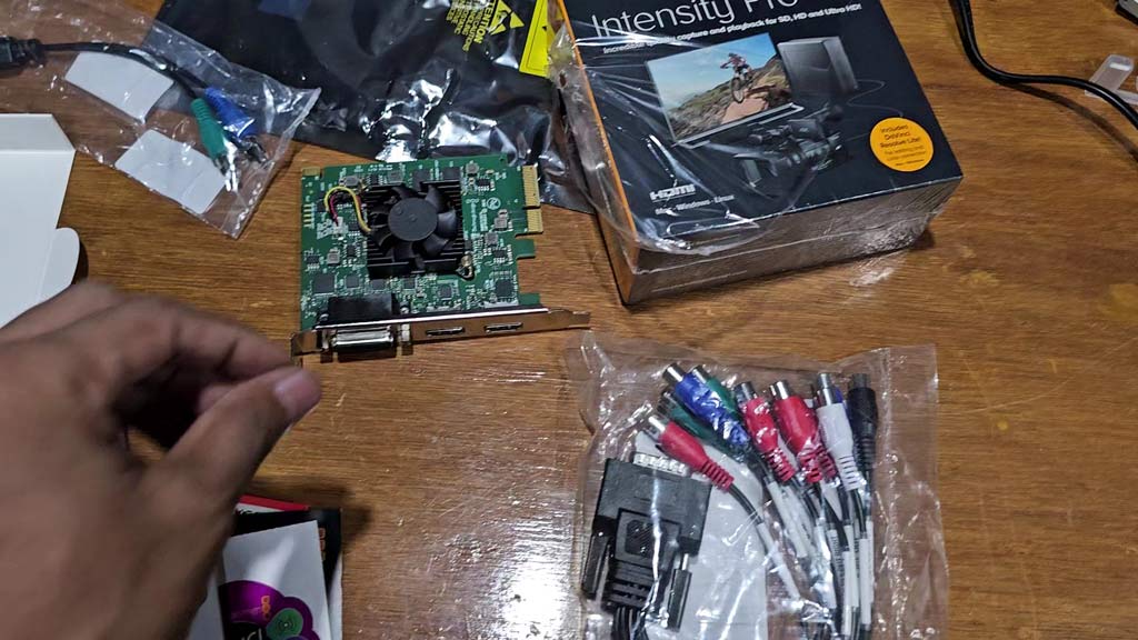 Intensity Pro 4K card with its fan and the multi-coloured breakout cable
