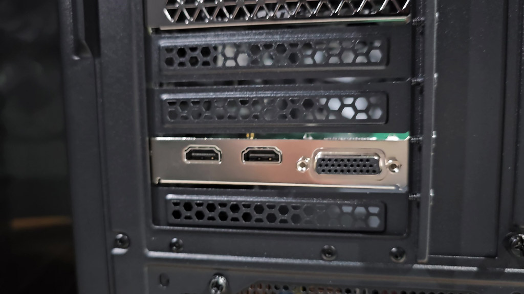 Intensity Pro 4K installed in a PC showing two HDMI sockets and the breakout connector